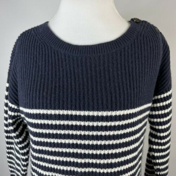 Ann Taylor Striped Wool Cashmere Sweater Size L Navy Blue Off White - Picture 2 of 12